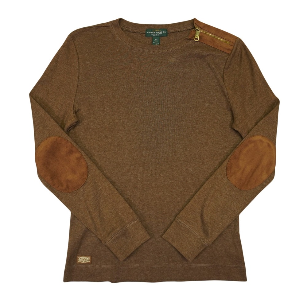 Lauren Ralph Lauren Top Women PM Brown Elbow Patch Suede Zip Long Sleeve
